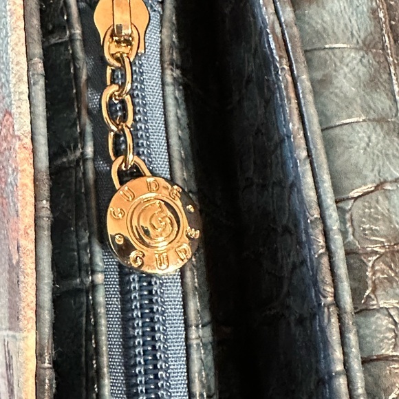 Gude Womens Handbag Crossbody Removable Strap NY, Paris Theme Blue Croc Pattern - Picture 4 of 16